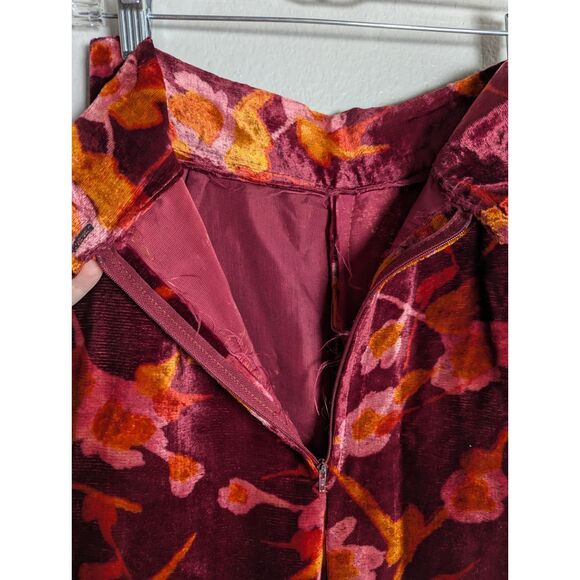 Vintage 70's Pants S Wine Floral Velvet Bell Bottoms High Rise Wide Leg Flare - Picture 9 of 11